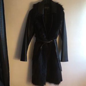 Faux fur and leather trench coat